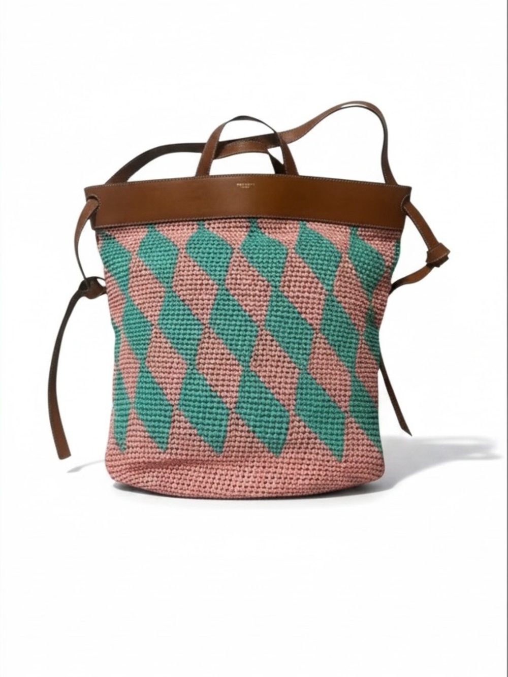 Emilio Pucci Large Crochet Leather Trim Diamond Tote Shopper Bag Italy Pink Blue